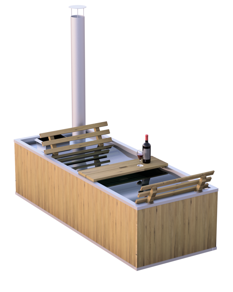 Handgebauter Hot tub aus Holz und Aluminium. Mit Kamin für das Feuer. Weinflasche und Weinglas als Grössenvergleich
